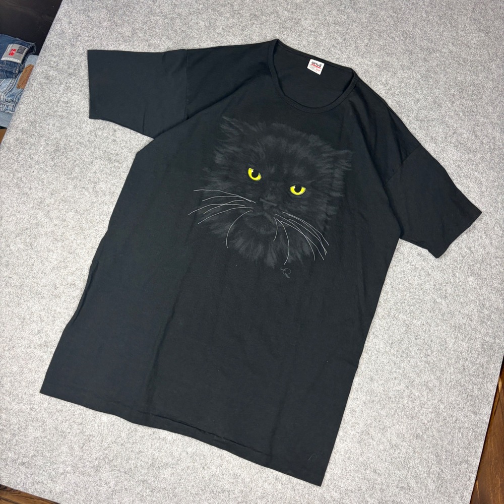 Vintage Anvil Black Cat Graphic T-Shirt Yellow Eyes Made in USA One Size fits